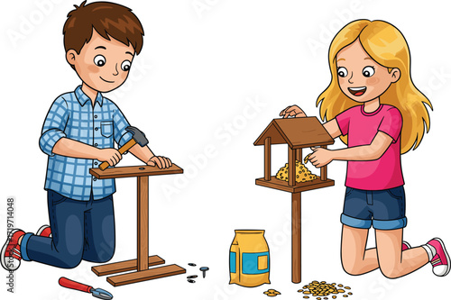 Cartoon kids building bird feeder, boy using hammer, girl feeding birds, teamwork illustration, outdoor activity, children helping nature, fun learning project
