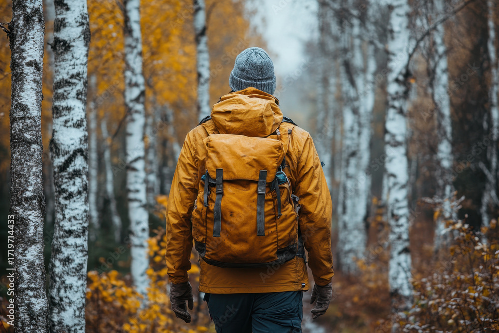 Obraz premium Man walking through fall woods.