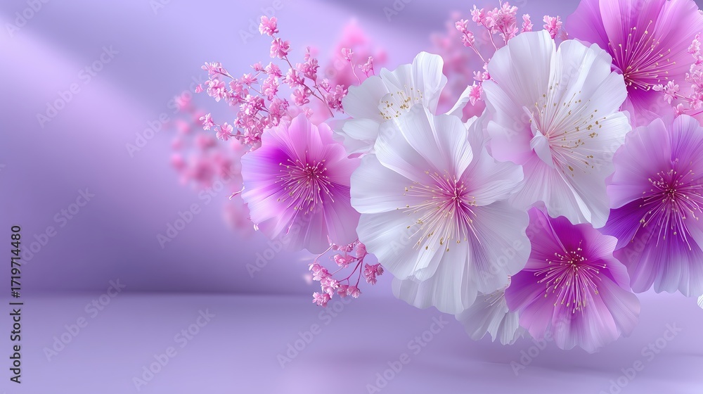 Obraz premium Delicate white and pink flowers on a soft lavender background