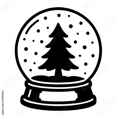 Black and white snow globe icon with a festive Christmas tree and falling snowflakes. This silhouette vector is perfect for winter holiday designs, Merry Christmas decorations, seasonal art, print med