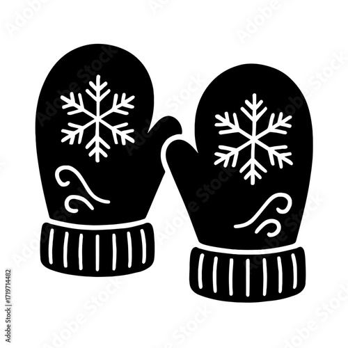 Pair of cozy black winter mittens illustration with delicate white snowflake designs and elegant decorative swirls, perfect for cold weather themes, holiday greetings, and festive seasonal graphics, k