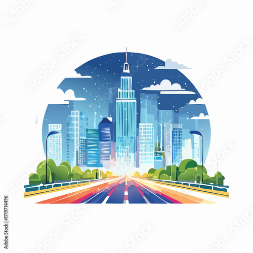 Night Cityscape Highway View with Tall Buildings