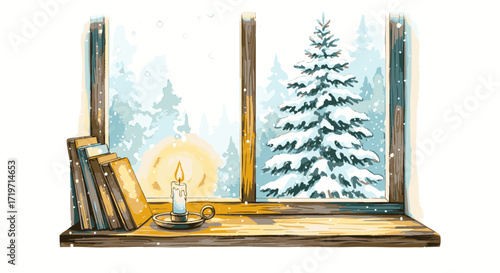 A serene winter scene viewed through a window with books and a candle on the sill, surrounded by snow-covered trees