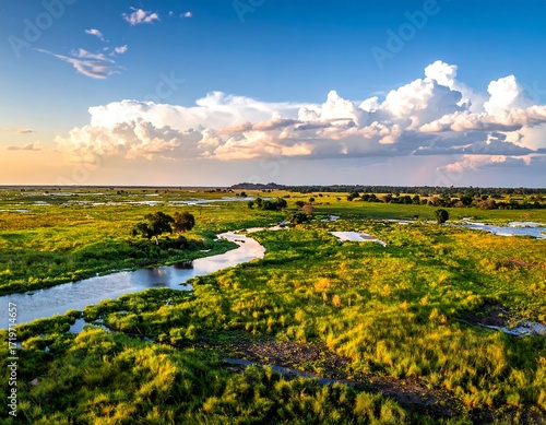 Aerial view of a vast floodplain at sunset