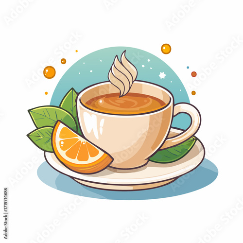 Warm Cup of Tea with Orange Slice and Leaves