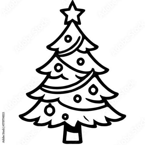 Black and white outline Christmas tree vector icon, featuring a classic star topper and spherical ornaments, perfect for holiday greetings, festive decor, coloring pages, digital art, printables, seas