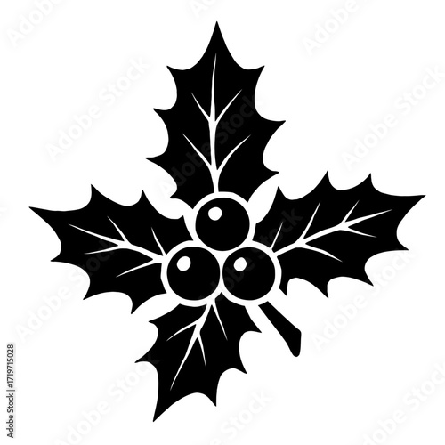 Elegant black silhouette vector illustration of classic Christmas holly sprig with three sharp, spiky leaves and three prominent round berries, perfect for festive holiday designs, winter decorations,