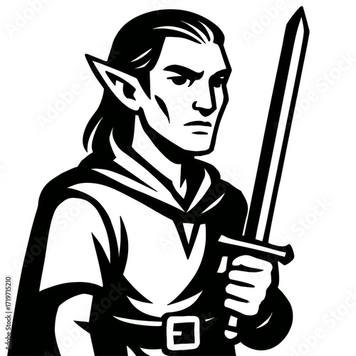 Stoic Elven Warrior with Keen Eyes and Pointed Ears, Clad in Adventurer's Garb, Steadfastly Gripping a Mighty Sword, Ready for Battle, a Classic Black & White Fantasy Illustration for Epic Tales and R