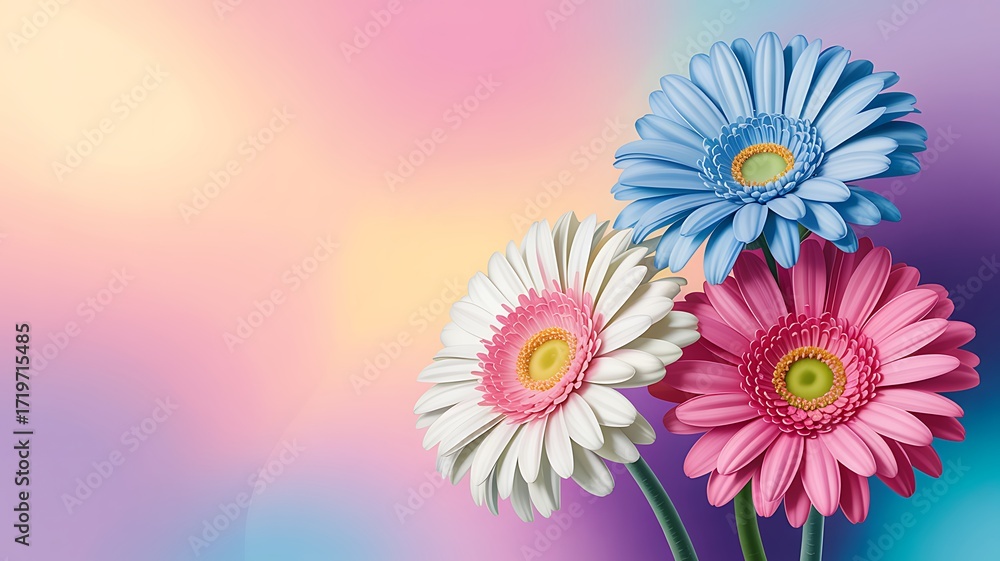 Obraz premium A trio of vibrant gerbera daisies in pink white and blue against a soft gradient background representing beauty and springtime