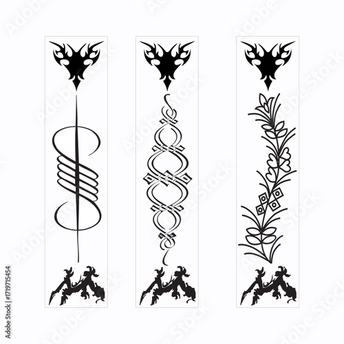 Three abstract tribal tattoo designs with decorative elements and animalistic bases, isolated on white background