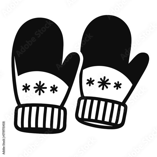 Black and white winter mittens illustration with snowflake pattern on white band and ribbed cuff. Ideal graphic for festive holiday designs, cold weather themes, seasonal apparel, digital art, conveyi