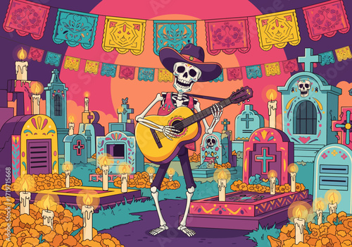 Serenading Skeleton in a Cemetery for Day of the Dead