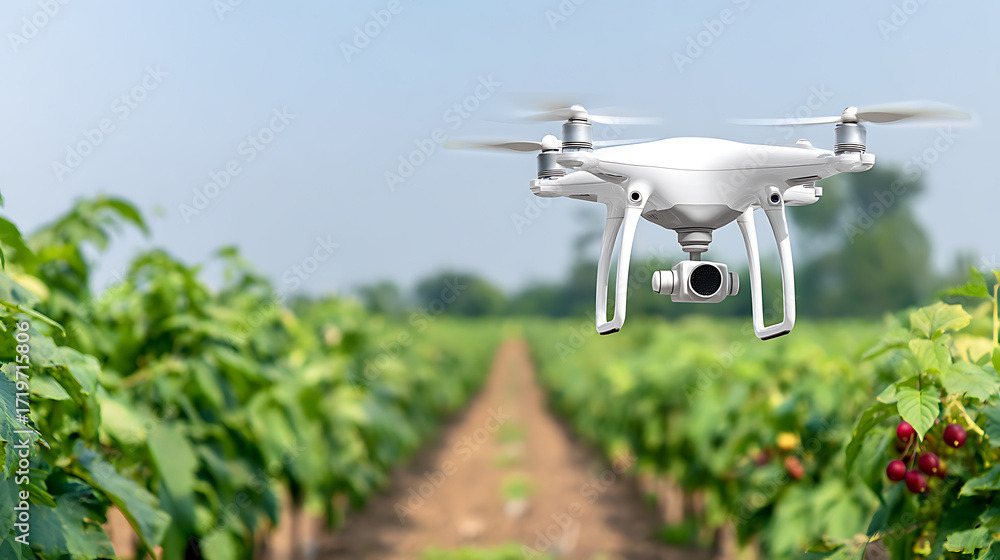 Fototapeta premium Drone flying over a vineyard with rows of grapevines and ripening grapes