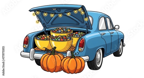 Illustration of blue car trunk full of halloween candy isolated on white background