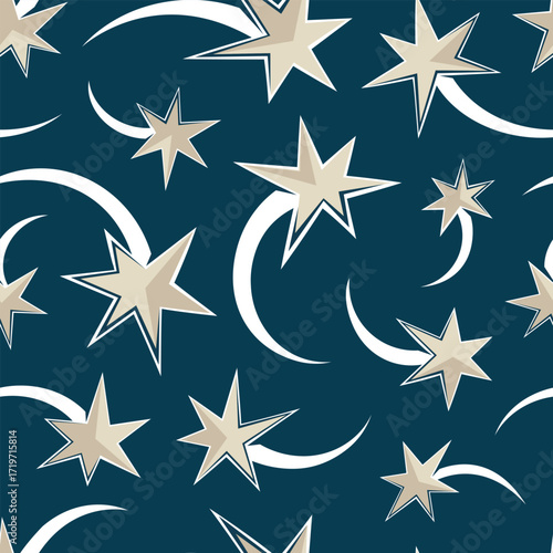 Shooting stars on a dark blue background. Festive Christmas pattern