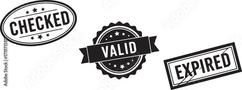 A versatile collection of vintage-style rubber stamps featuring 'CHECKED,' 'VALID,' and 'EXPIRED' text, ideal for status indicators and verification documents