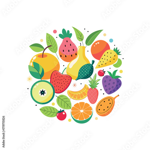 A colorful flat vector illustration of various fruits arranged in a circle. Include bananas, strawberries, watermelon, apple, pear, pineapple, and grapes. Use a playful and cartoonish style 