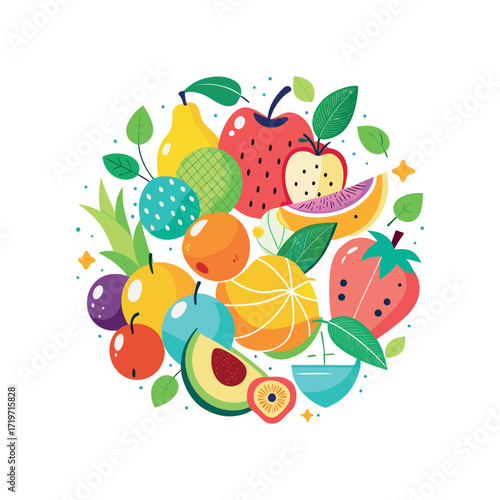 A colorful flat vector illustration of various fruits arranged in a circle. Include bananas, strawberries, watermelon, apple, pear, pineapple, and grapes. Use a playful and cartoonish style 