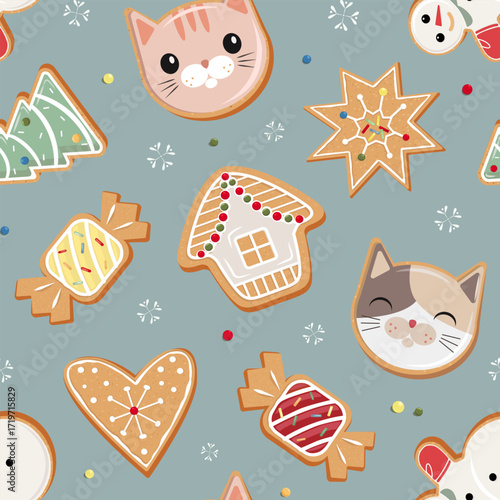 Cute gingerbread cookies with icing. Cat, house, star, candy, heart shaped cookies. Festive Christmas seamless pattern