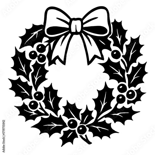 Classic Traditional Black and White Christmas Holly Wreath with Berries and a Festive Bow Vector Illustration. Ideal for Holiday Decor, Winter Season Graphics, Greeting Cards, and DIY Festive Craft Pr