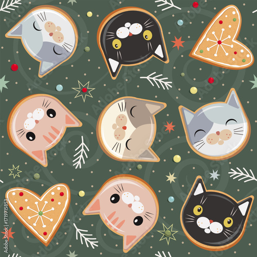 Cute gingerbread cookies with icing. Cats faces and heart shaped cookie. Festive Christmas seamless pattern