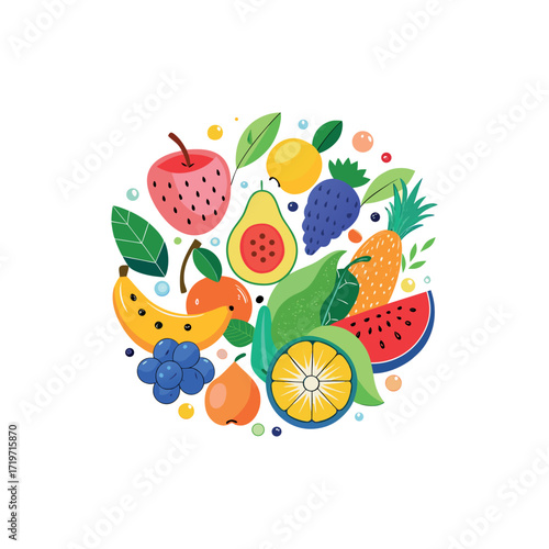 A colorful flat vector illustration of various fruits arranged in a circle. Include bananas, strawberries, watermelon, apple, pear, pineapple, and grapes. Use a playful and cartoonish style 