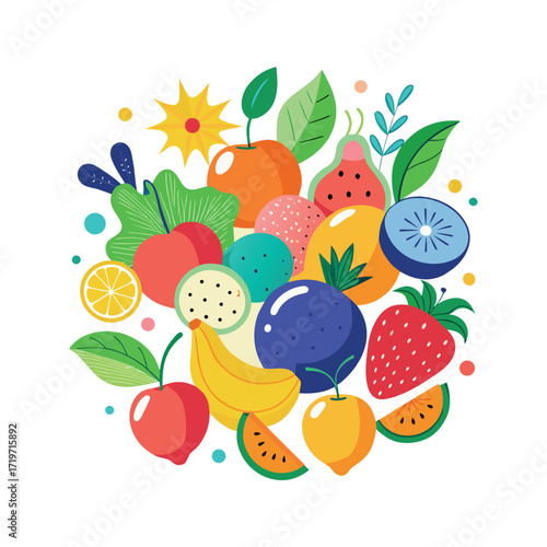 A colorful flat vector illustration of various fruits arranged in a circle. Include bananas, strawberries, watermelon, apple, pear, pineapple, and grapes. Use a playful and cartoonish style 