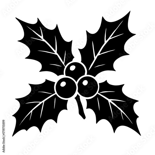 Classic black and white holly sprig with prominent spiky leaves and three festive berries. A timeless, elegant, versatile illustration for Christmas, winter holidays, seasonal decor, Yuletide projects