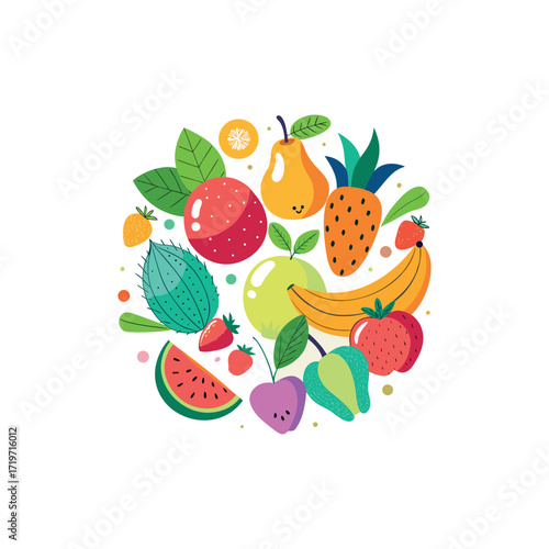 A colorful flat vector illustration of various fruits arranged in a circle. Include bananas, strawberries, watermelon, apple, pear, pineapple, and grapes. Use a playful and cartoonish style 