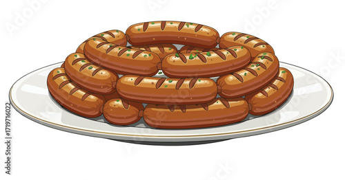 Premium German Food – Stylized Grilled Circle Bratwurst on Plate, Traditional Bavarian Sausage Vector Illustration