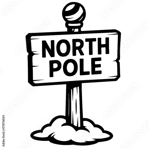 Black and white cartoon illustration of a North Pole signpost, with bold text, a striped finial, and snow at its base, representing Christmas, Santa, and winter holidays. This classic, whimsical desig