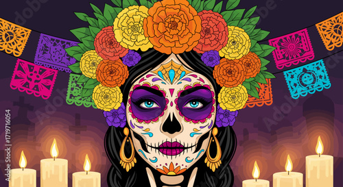 Day of the Dead makeup and floral crown with candles
