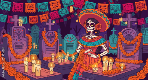 Dia De Los Muertos Celebration with a Catrina Figure and Marigolds