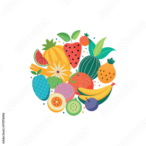 A colorful flat vector illustration of various fruits arranged in a circle. Include bananas, strawberries, watermelon, apple, pear, pineapple, and grapes. Use a playful and cartoonish style 