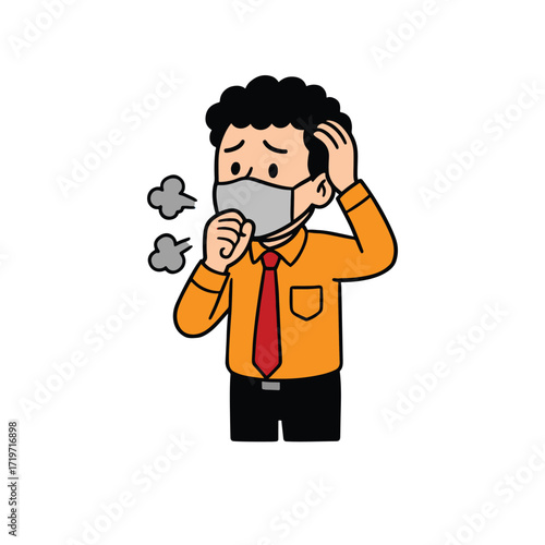 Cartoon Illustration of a Man Wearing Mask Coughing and Feeling Unwell