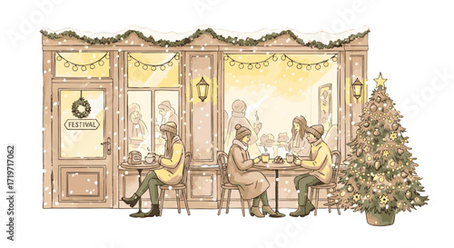 People enjoying a festive meal together at a cozy cafe with a Christmas tree nearby during the holiday season