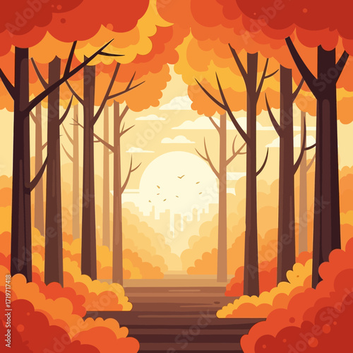 Autumnal Forest Path with Golden Light and Colorful Foliage.