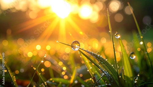 Fototapeta Naklejka Na Ścianę i Meble -  Close-up of glistening dew drops on blades of grass, illuminated by a radiant, golden sunrise creating beautiful bokeh