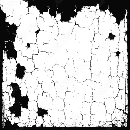 High-contrast black and white texture showcasing severe distress, intricate cracked paint patterns, and peeling surface elements, ideal for grunge backgrounds, weathered overlays, and vintage design p