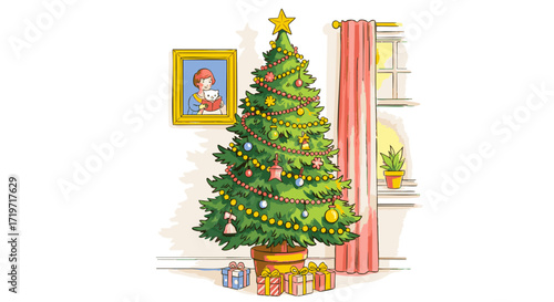 A Christmas tree stands in a room with presents and decorations, viewed from the side, near a window with curtains.