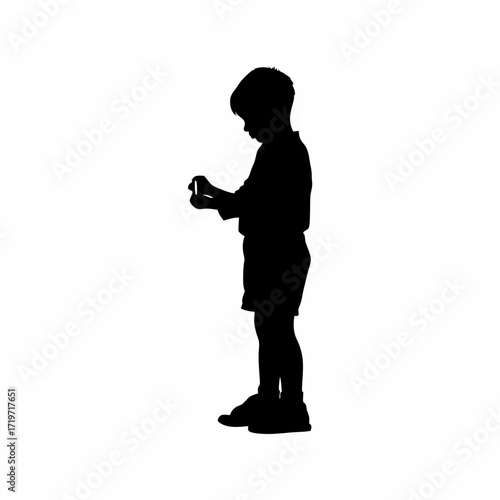 Silhouette of boy carefully opening medicine strip for parents isolated on white background