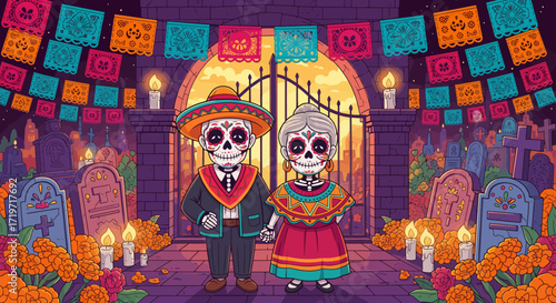 Day of the Dead Celebration with Sugar Skull Couple