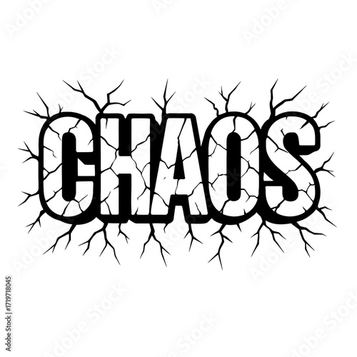 Striking Black & White 'CHAOS' text design featuring intricate cracked letter detailing and radiating, root-like tendrils. This bold vector graphic powerfully symbolizes disorder, destruction, and a r