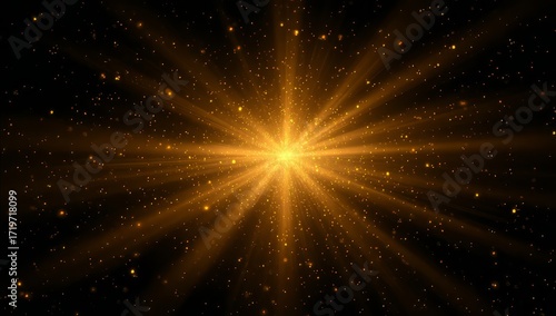 Bright Golden Spark Explosion with Radiant Light Rays and Glittering Particles in Dark Background