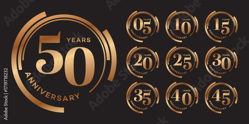 Golden Anniversary Logos 5, 10, 15, 20, 25, 30, 35, 40, 45, 50 Years  Vector Set