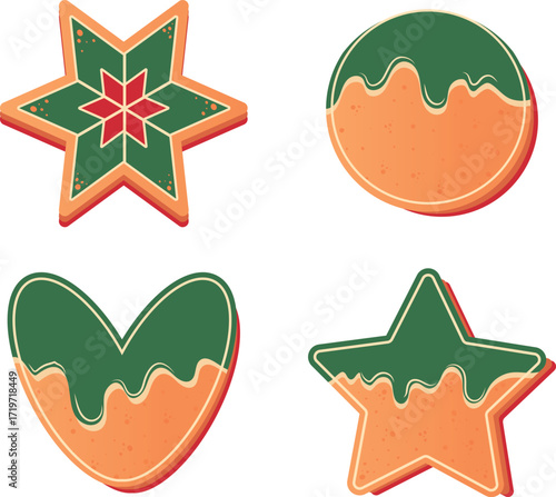 Gingerbread cookies set in the shape of a star, circle, heart with green icing, Christmas holiday cookies isolated on transparent background, vector illustration