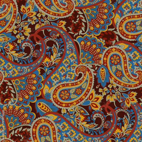 Paisley vector seamless design flowers and leaves in a batik-inspired style. Vintage fabric backdrop