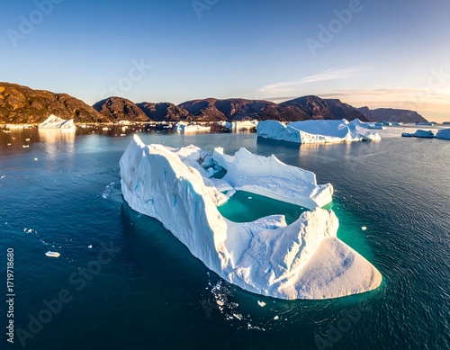 Aerial view of icebergs in a fjord