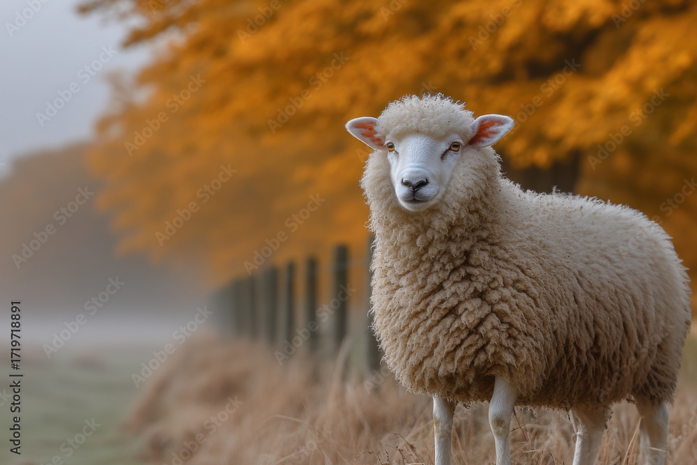 Obraz premium Sheep standing in a field with tree in background.