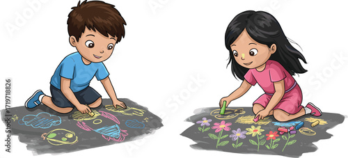 Happy children drawing colorful chalk art on ground, creative boy and girl making flowers and rockets, fun outdoor playtime activity